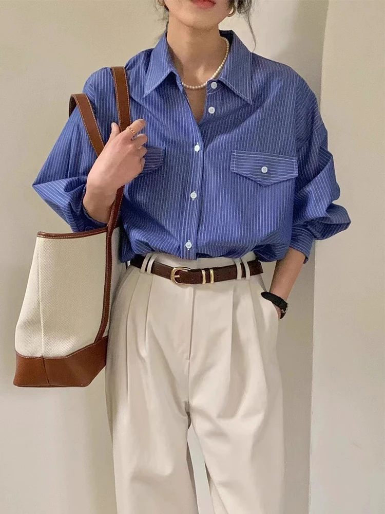 Chic Spring New Sle Women's Loose Long Sve Striped irt Collar Single Button Casual Top Faionable Versatile