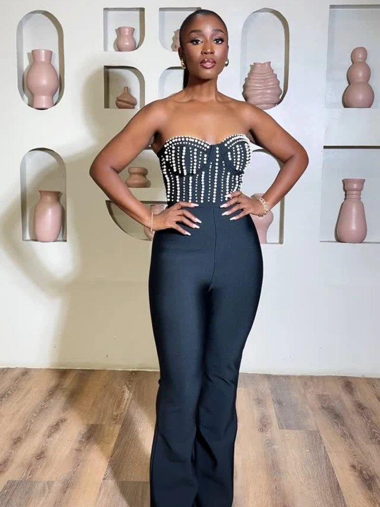 

PB Elegant Glamorous Pearl - Embellished Strapless Bodycon Bandage Jumpsuit Backless High Street Outfit