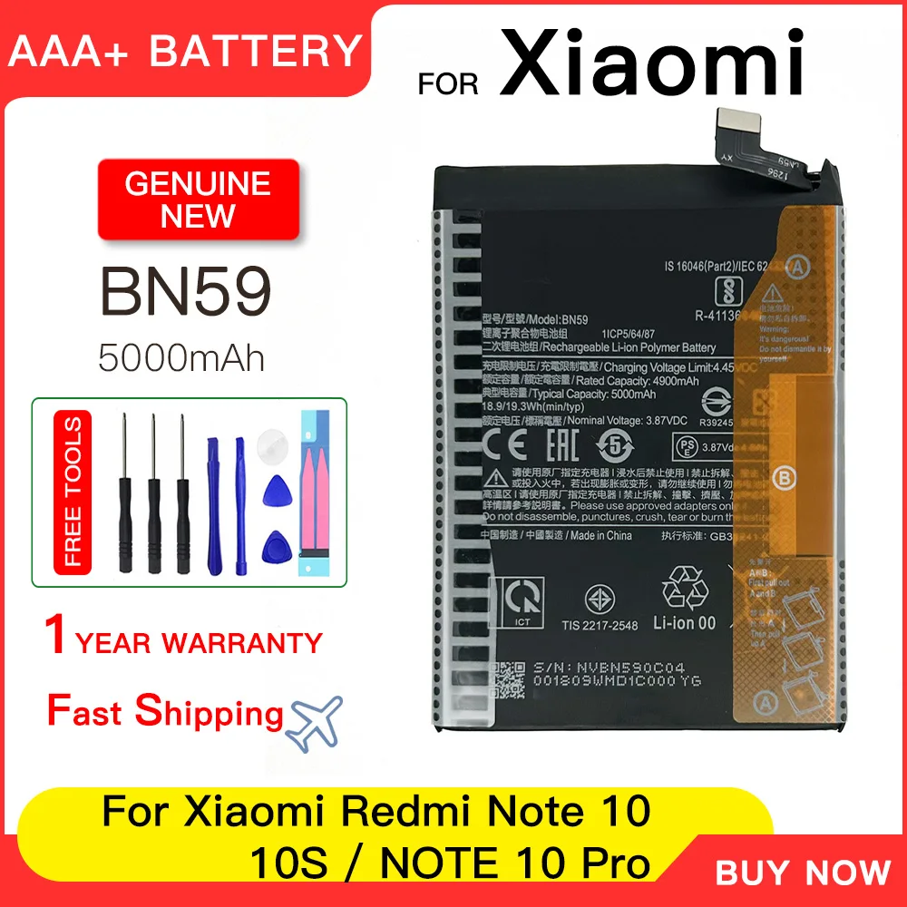 Batería BN59 genuina de 5000mAh para Xiaomi Redmi Note 10 / 10S / Note 10 Pro 10pro baterías de repuesto para teléfono batería + herramientas gratuitas