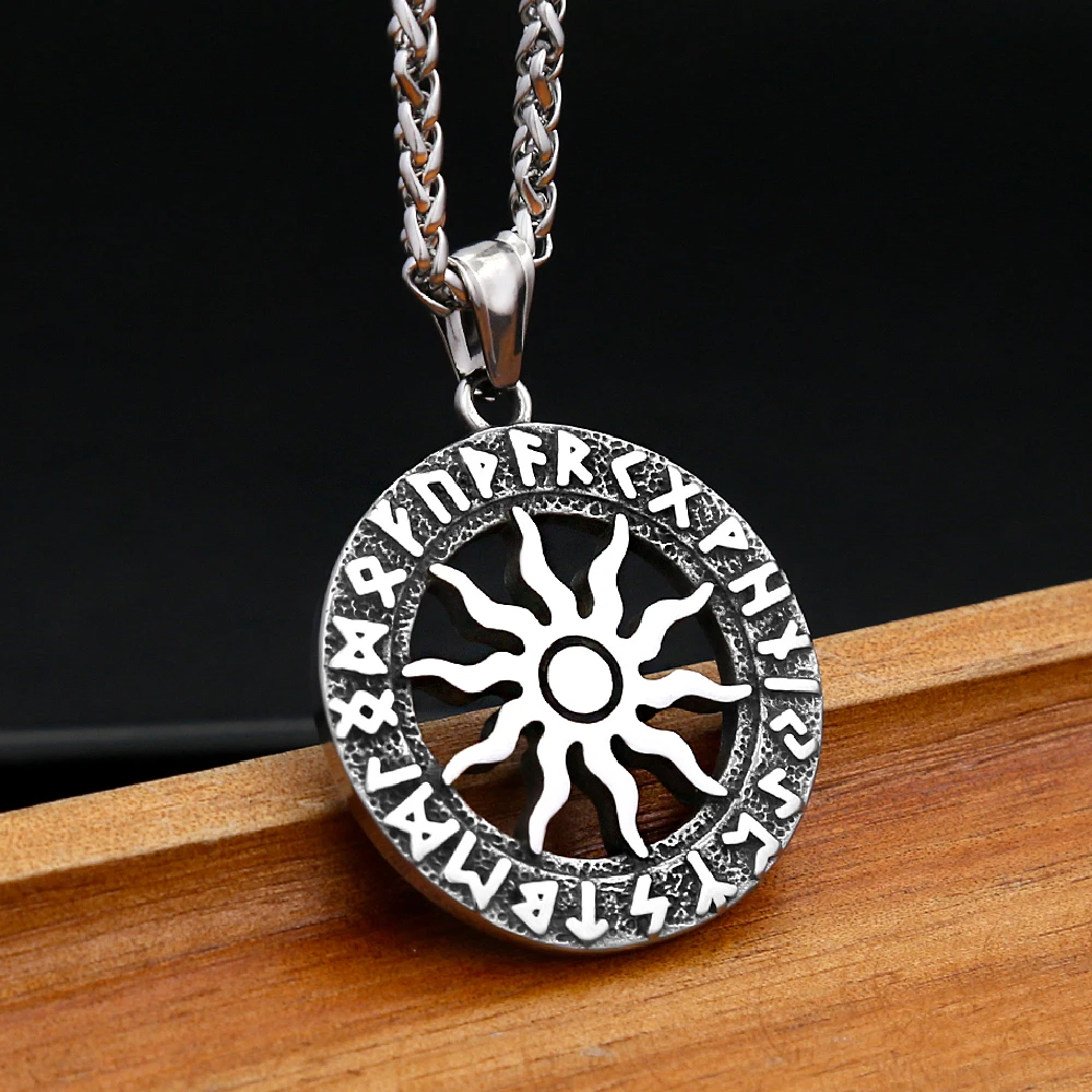 خمر الشمس الله أبولو قلادة قلادة الأزياء جولة الشمال الفولاذ المقاوم للصدأ فايكنغ رون قلادة الرجال تميمة المجوهرات هدية