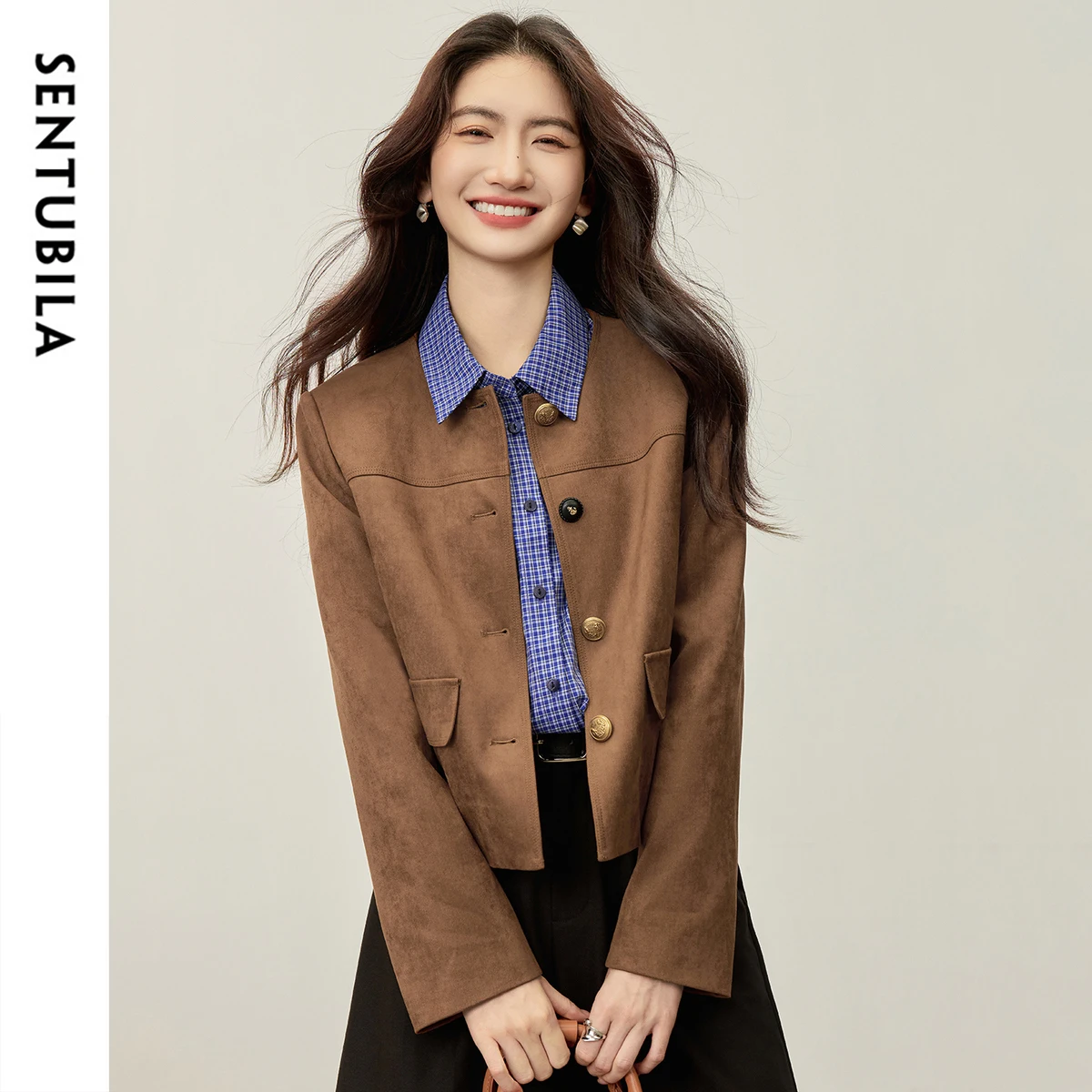 SENTUBILA Women Jacket 2025 Elegant Straight Long Sleeve Female Tops Velvet Embossed Button Coat 153W80383