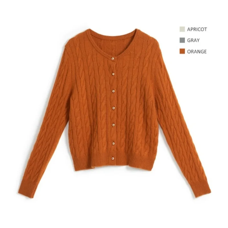 

Gold Button Twists Wool Sweater Cardigan Autumn Winter Round Neck Korean Single Breasted Knitted Tops