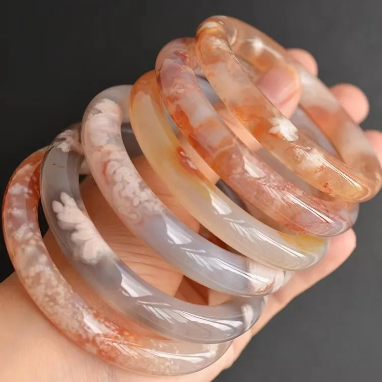NEW China Pure Natural Cherry Agate Floating Flower Jade Round Bar Bangles Bracelet For Women Jewelry Fashion Accessories
