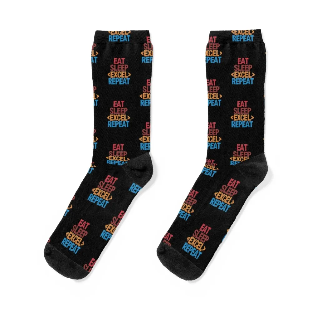 

Eat Sleep Excel Repeat - Funny Retro Vintage Colors Typography Satire Socks