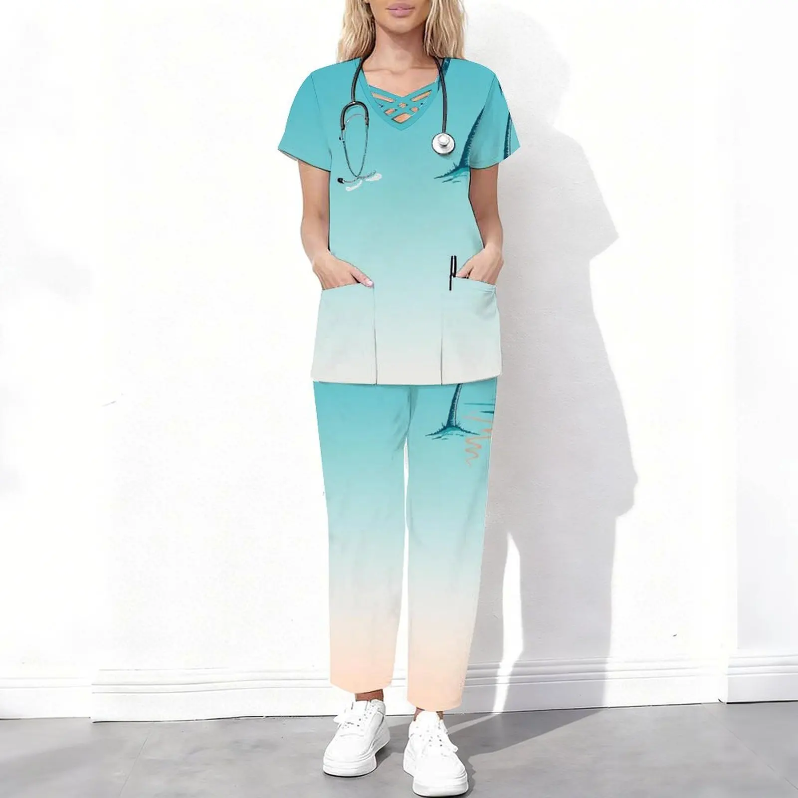 Women Gradient Palm Tree Printed Cutout V Neck Short Sleeve Scrub Top and Long Pants Two Piece Set