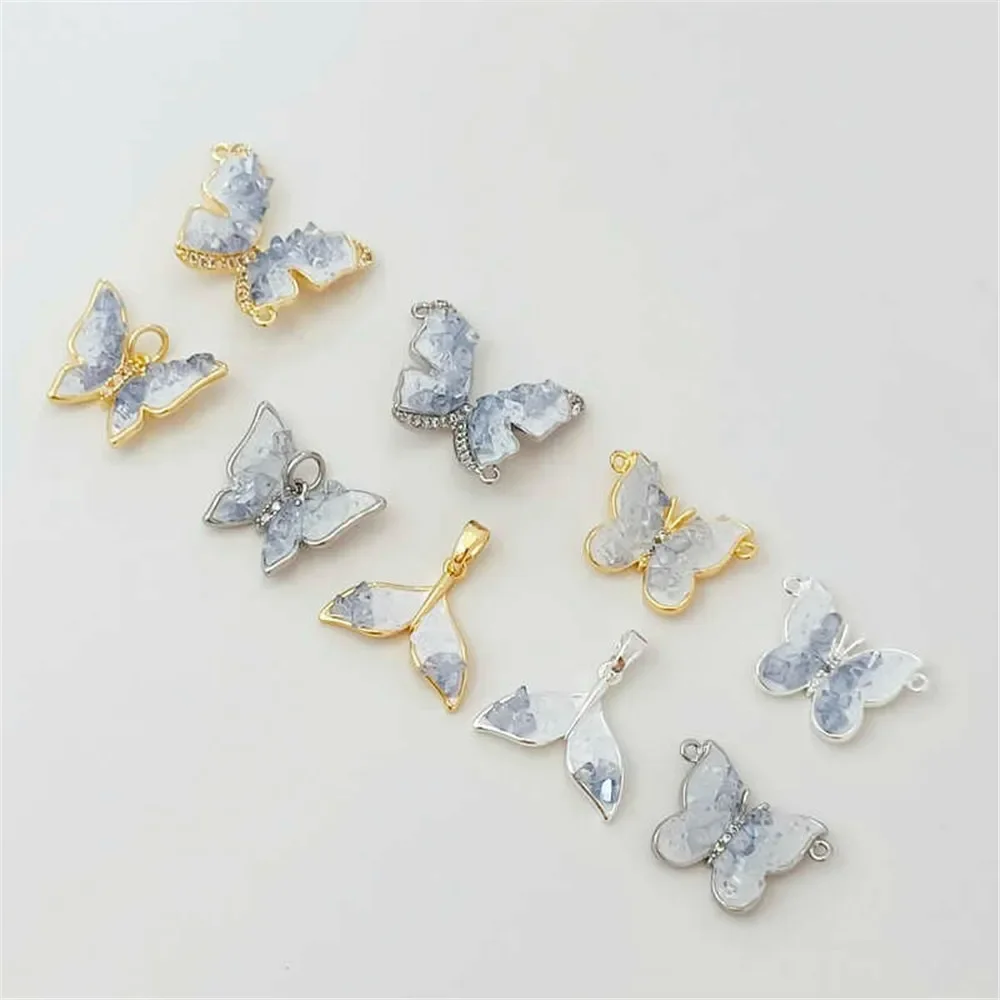 

Silver 14K Gold-plated, Zirconium-inlaid with Crushed Stone Butterfly Double Pendant, DIY Jewelry Fishtail Pendant Accessory