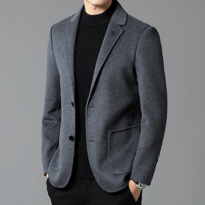 2023  Men\'s Business Double-sided Wool Tweed Youth Leisure Tweed Solid Color Small Suit Korean Version of The West Coat Blazer