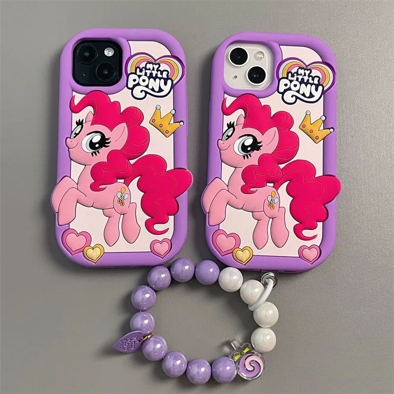 Kawaii My Little Pony cartoon suitable for iPhone15pro 14 13 12 11 mobile phone case with chain silicone anti-fall soft case