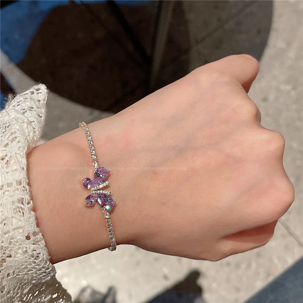 Charm Bracelets For Women Girl Purple Butterfly Zirconia Gemstone Shine Crystal Bangle Fine Jewelry Party Accessories