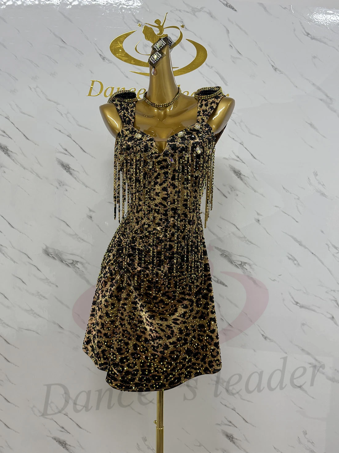 

Latin Dance Costume AB Stone Female Adult Children High-End Custom Leopard Print Fringe Dress Black Pool Samba Dress