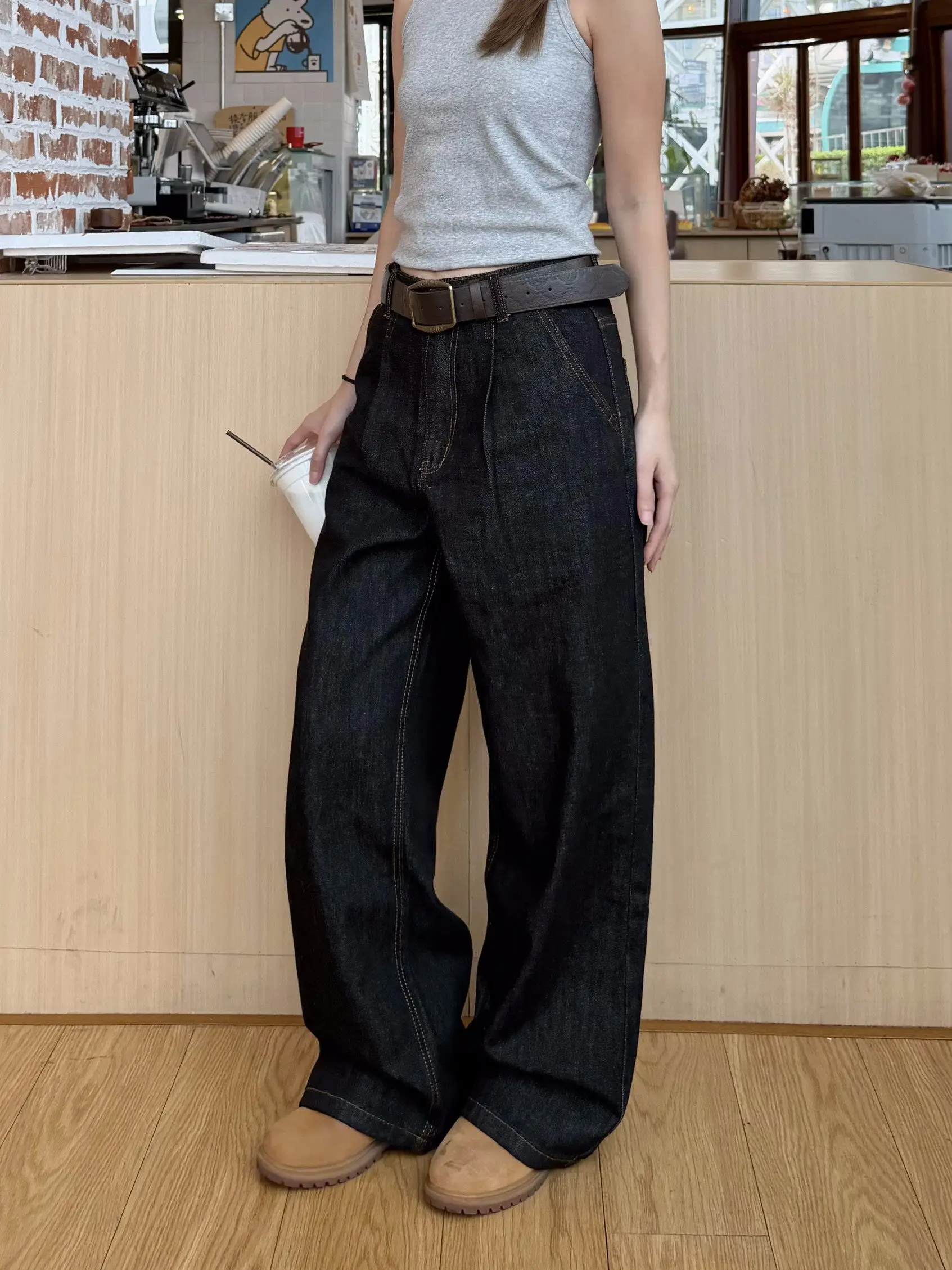 

XFX Свободные прямые джинсы в американском стиле ретро, женские широкие уличные длинные брюки Cleanfit, повседневные хлопковые длинные брюки с талией...