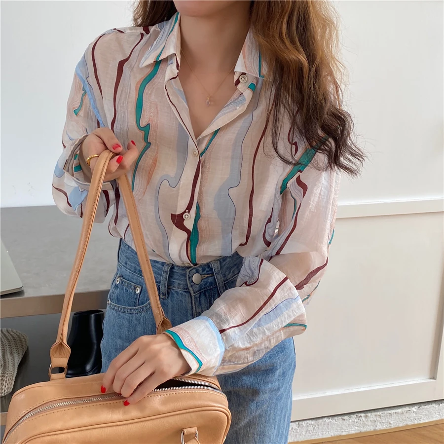 

Water Ripple Stripe Patterns Printing female Blouses Elegant Women Shirts Fashion Long Sleeve Shirt Office Lady Loose Tops Tees