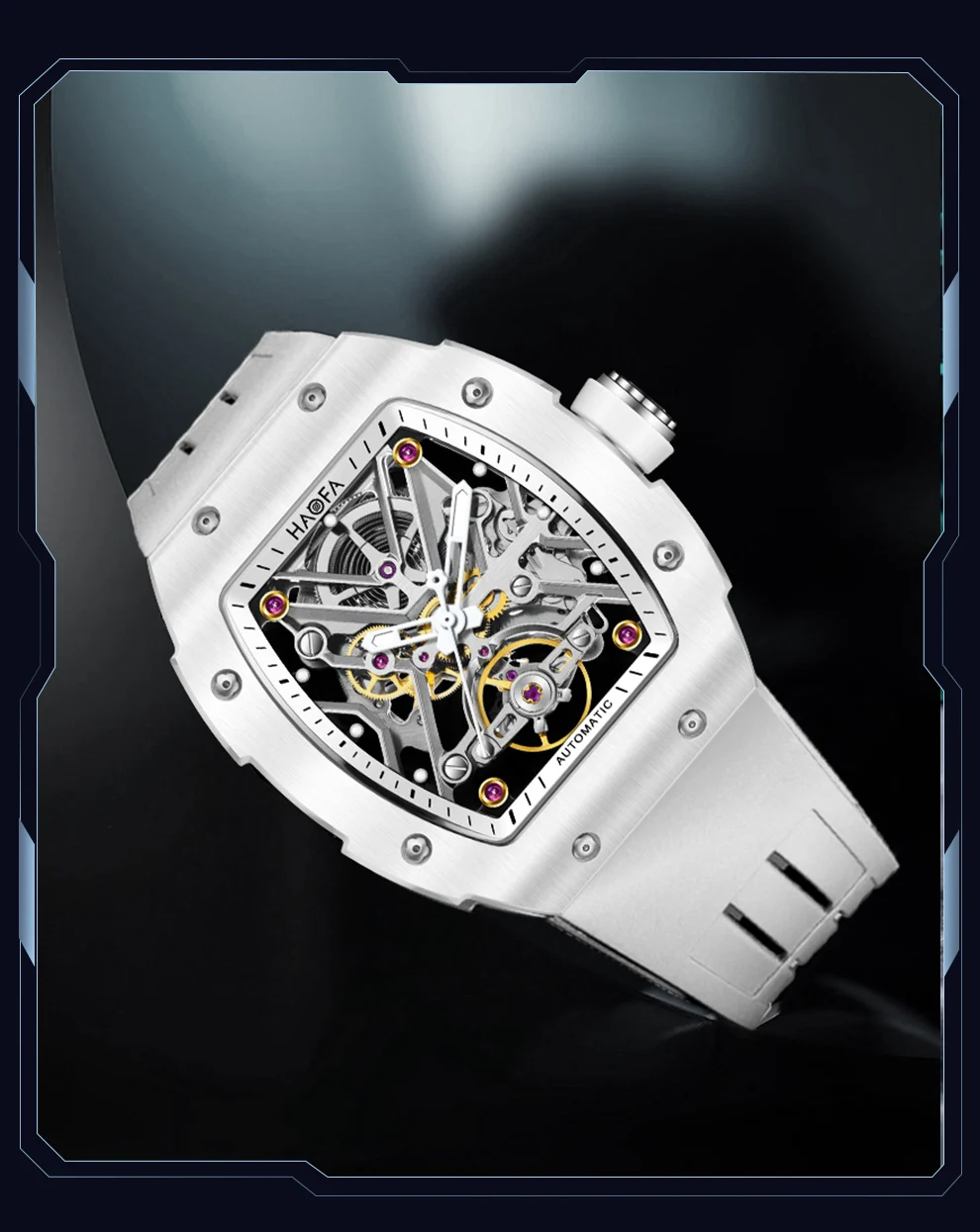 Haofa Automatic Mechanical Watch Men Tourbillon Movement Luminous Skeleton Ceramics Rubber 72 Hours Power Hollow out Trend 1988