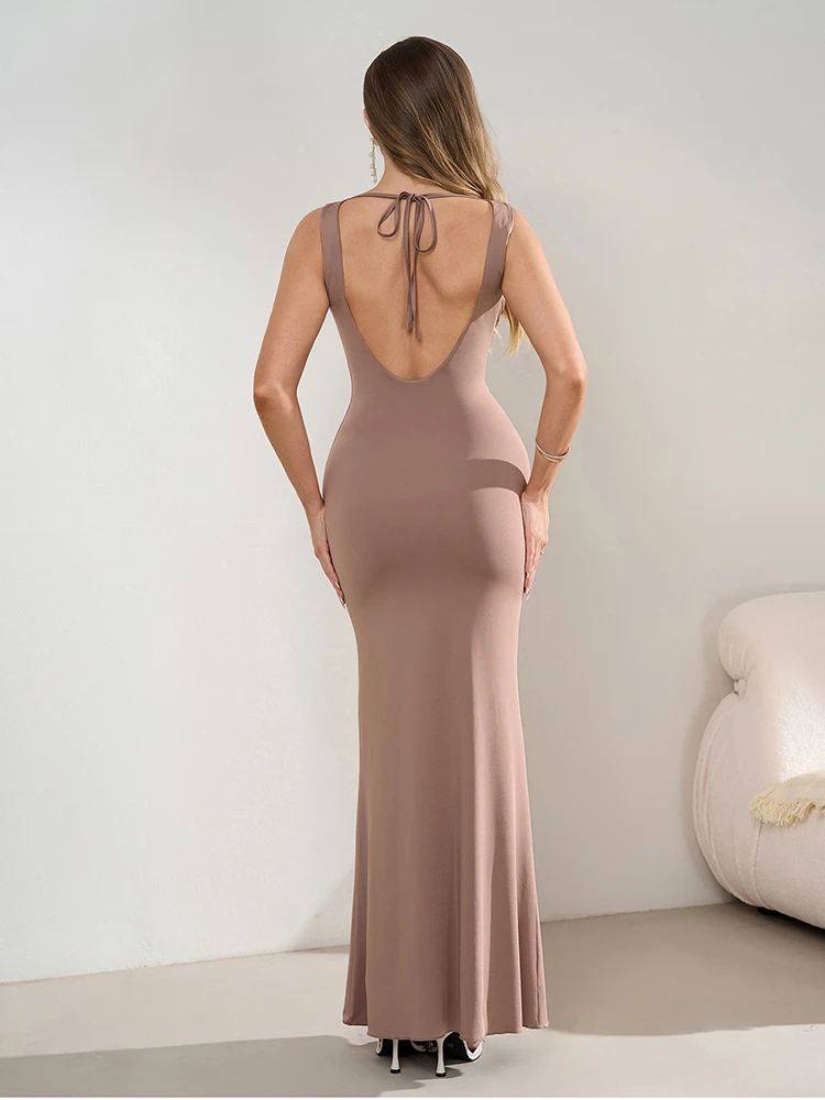 NewAsia 여성의 섹시한 브이넥 백리스 롱 드레스 더블 레이어 칵테일 가운 타이업 플리츠 민소매 정장 이브닝 파티 드레스