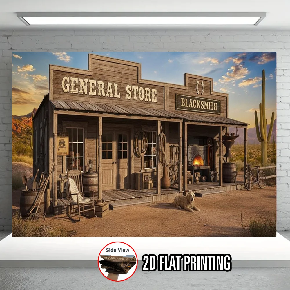 1pcs Old West General Store Blacksmith 2D Flat Tapestry Backdrop For Living Room Decor Vintage Cowboy Wall Hanging Art Print