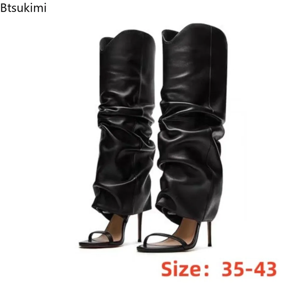 Damen Schwarze Plissierte Kniehohe Stiefel Sexy Offene Zehenpartie Einriemen-High-Heel-Stiefel Luxuriöses Design Slip-on Coole Stiefel für Sommer und Herbst