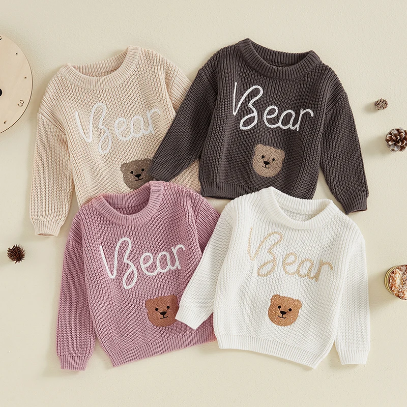 

Kids Baby Boy Girl Sweater Casual Bear Letter Embroidery Warm Knitted Long Sleeve Pullover Infant Knitwear for Toddler Clothing