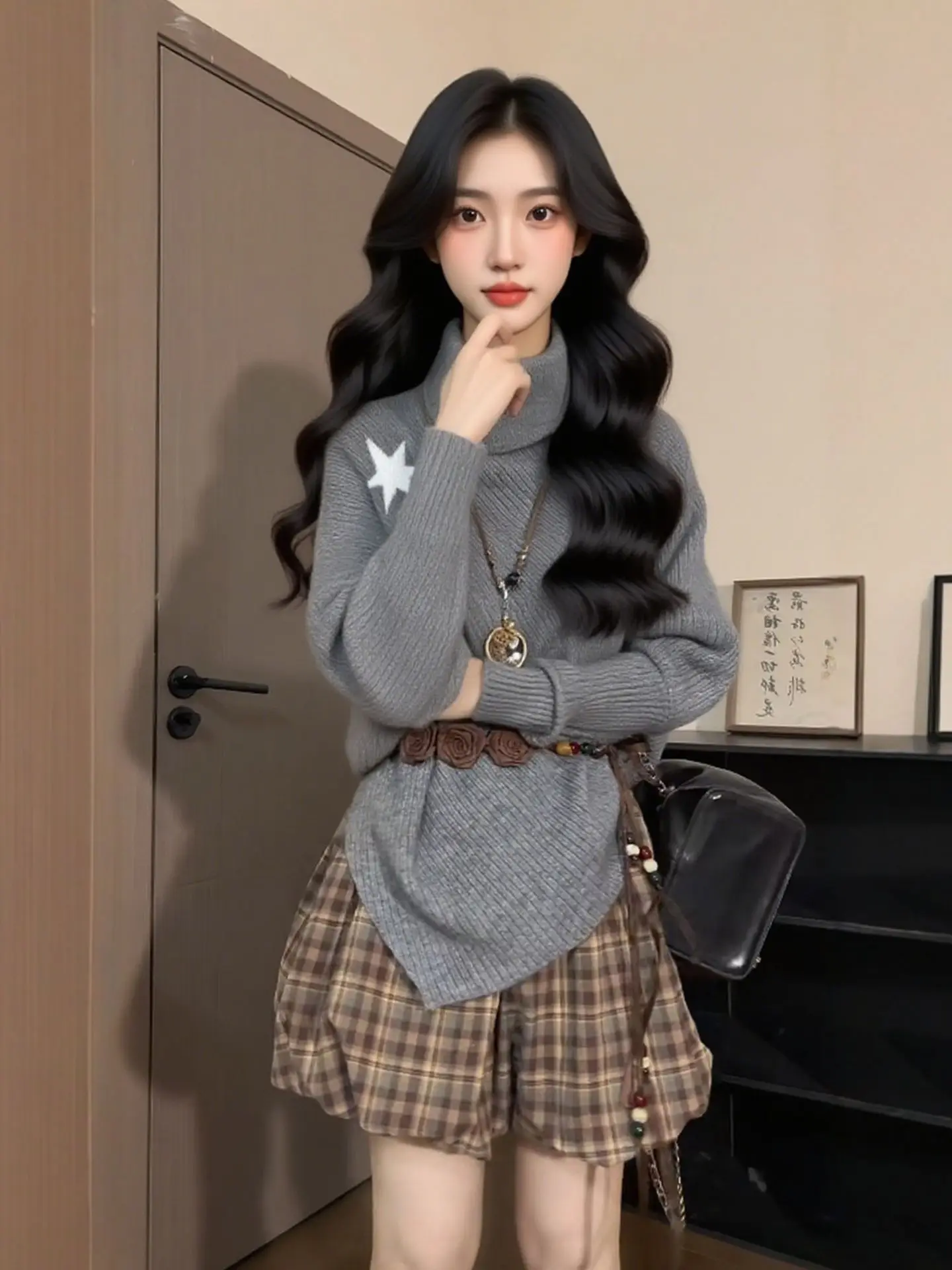 

Ladies Trendy Thickened Fit Cashmere Knitted Cardigan Round Neck Button Design Winter Warm Woolen Open Front Sweater Top M58