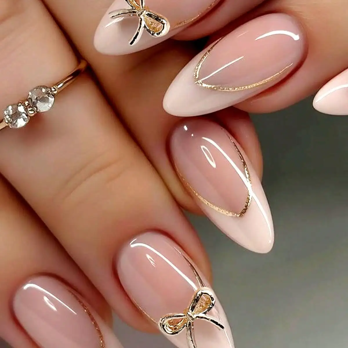 24PCS Nude Pink Gold Edge Press On Nails for Women Bowknot Decor Long Almond Nails Elegant Wedding Manicure Accessory Gift 