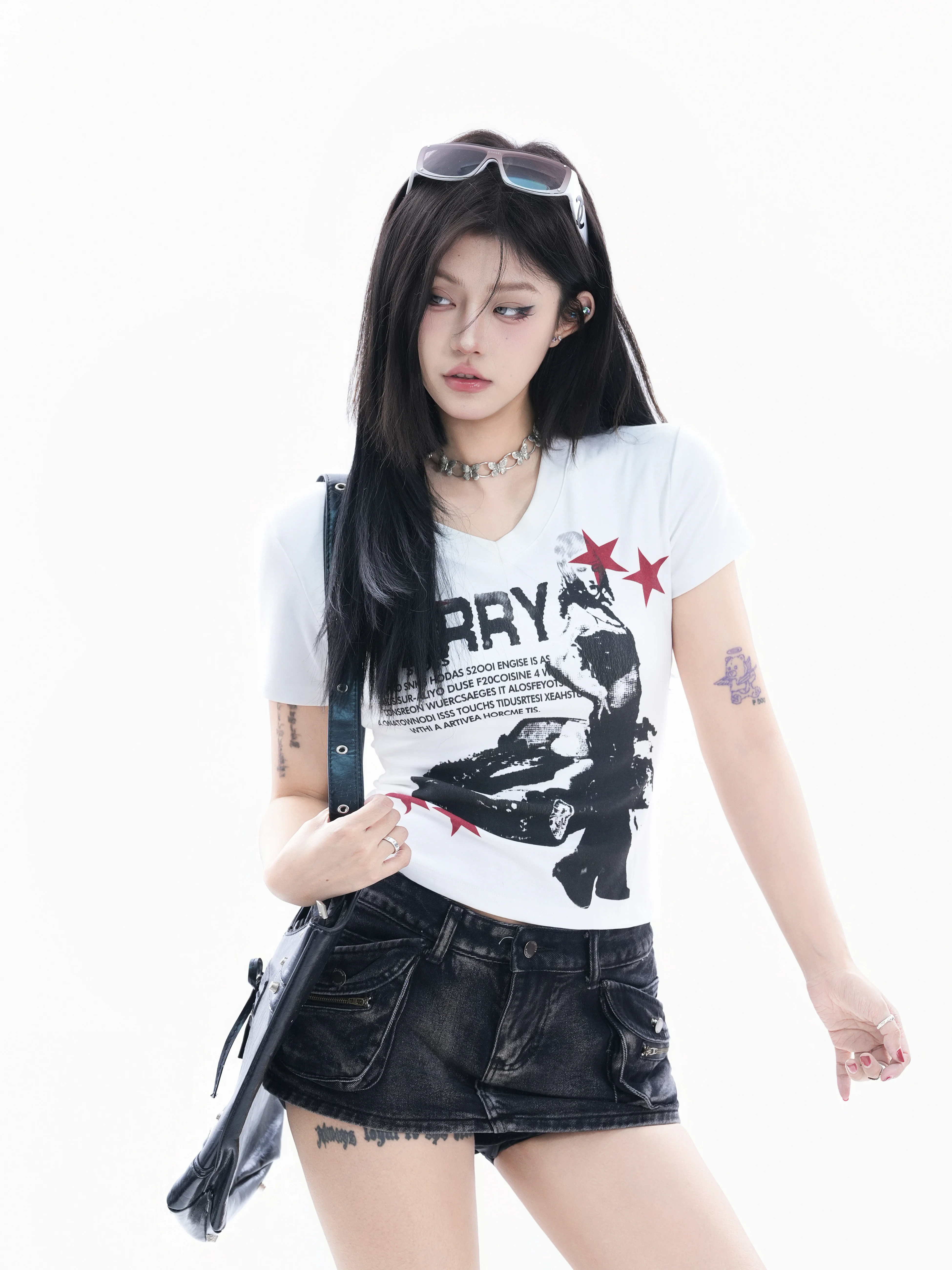 

Slim Fit Short Sleeve T-Shirt Women's V-neck Print Rockabilly Style Cotton Blend Comfortable Breathable Fashionable Top