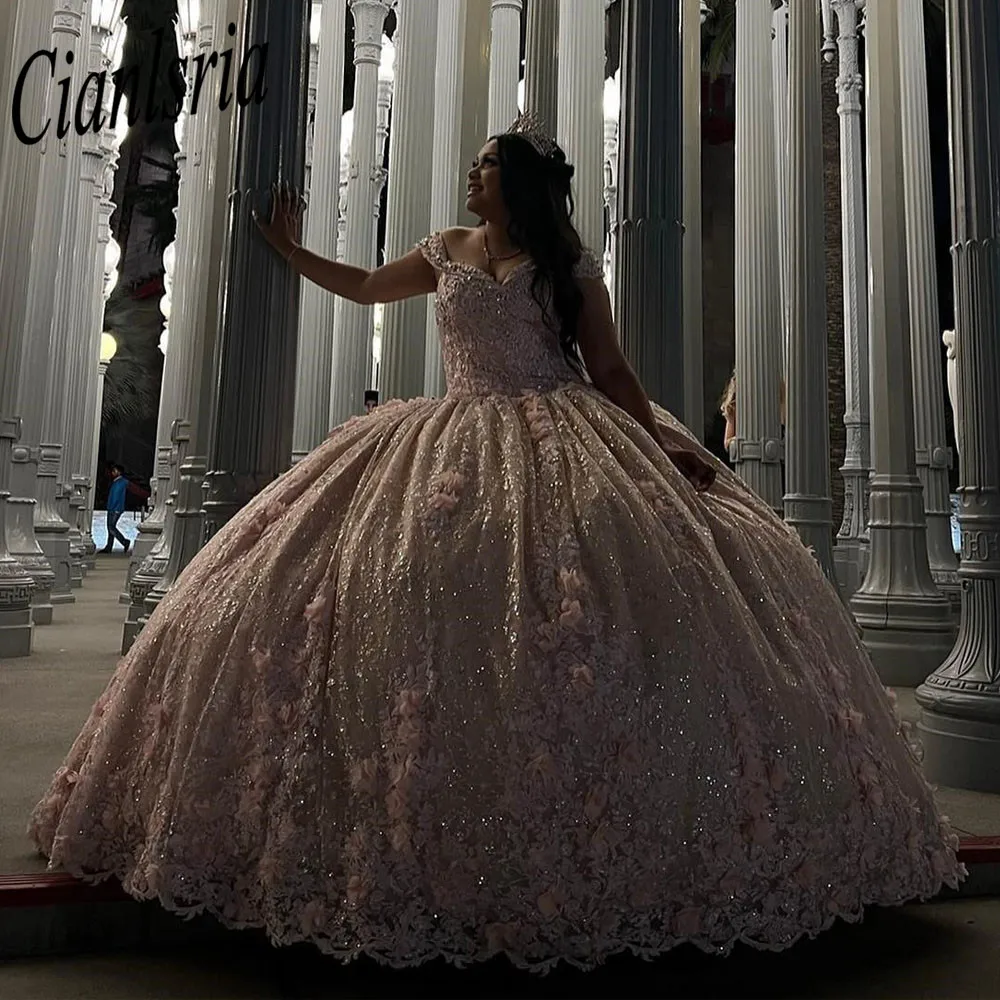 Vestidos De quinceañera Rosa Mexicana, Vestido De baile con cuentas, Apliques De encaje, dulce 16, Vestido De princesa con cordones, 15 Años