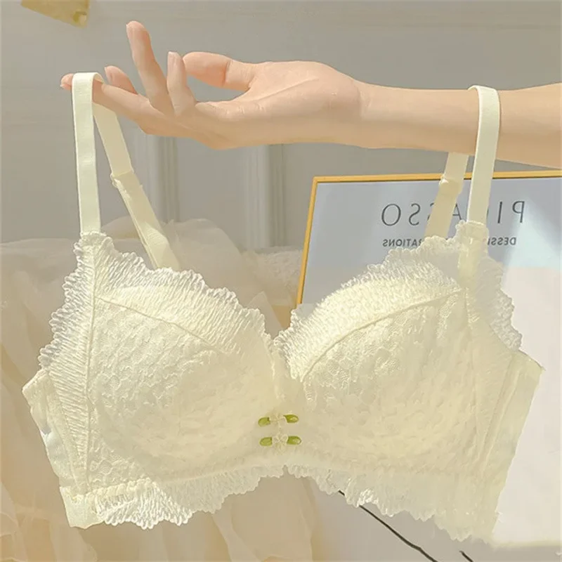 Summer New Style Pleated Lace Wire-free Flower Bow Bra for Women Thin Section Wire-free Lace Bra Sexy Lenceria Sexy 32d Bra