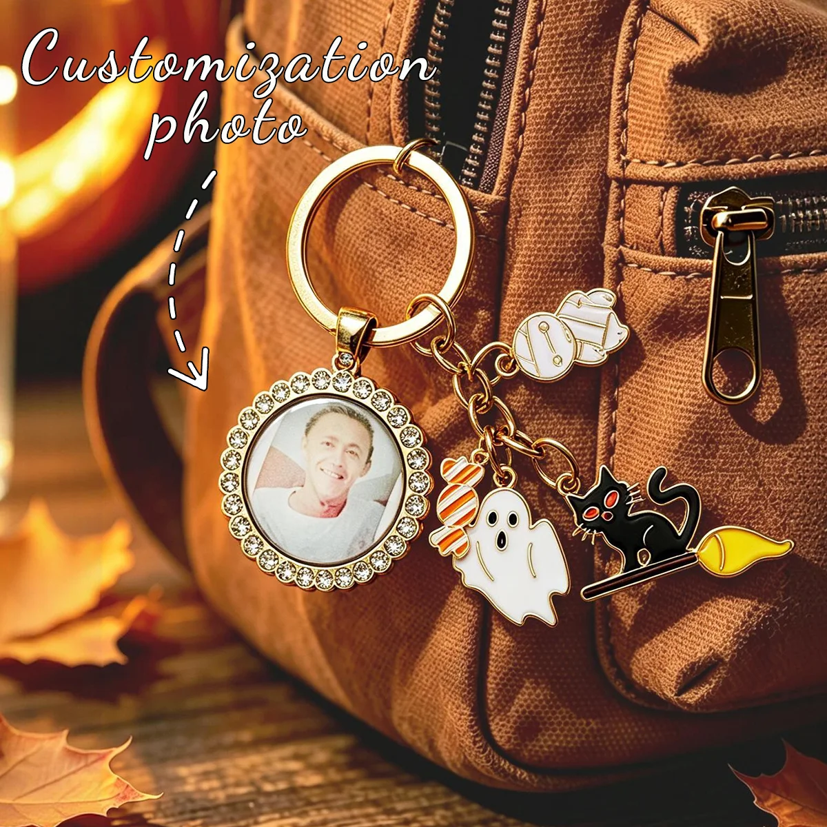 Custom Photo Halloween Keychain, Rhinestone Frame With Ghost & Skull Enamel Charms, Personalized Memory Gift for Halloween Fans