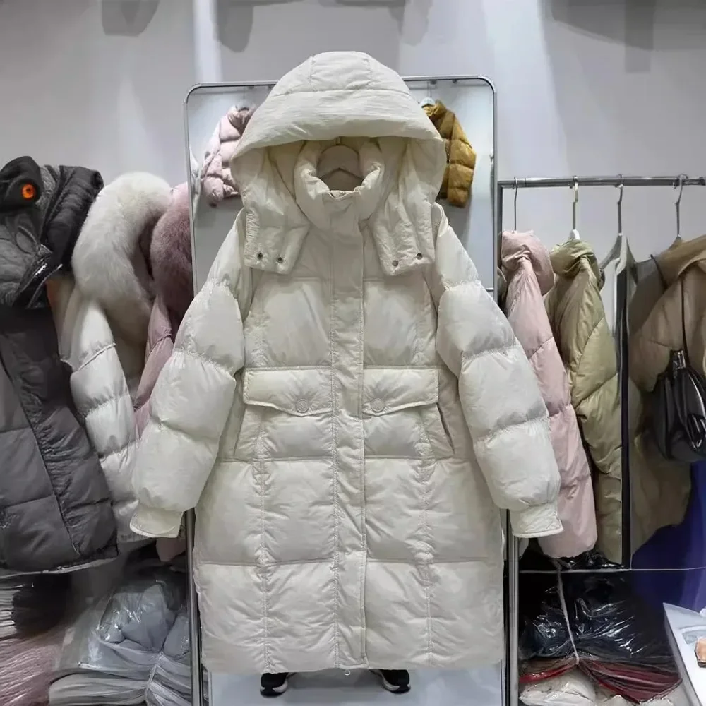 Casual Fashion Office Lady White Duck Down Jacket Women 2024 New Long Hooded Thickened Loose Straight Warm Down Coat