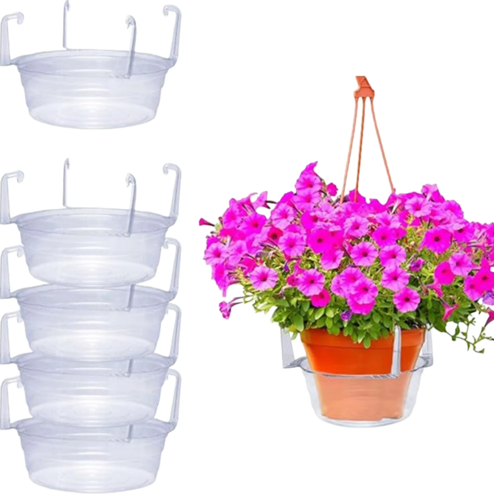 Plastic Hanging Flower Pot Trays with 4 Pcs Hooks Hanging Basket Planter Drip Pans Ventilated for Indoor Outdoor Hanging Baskets