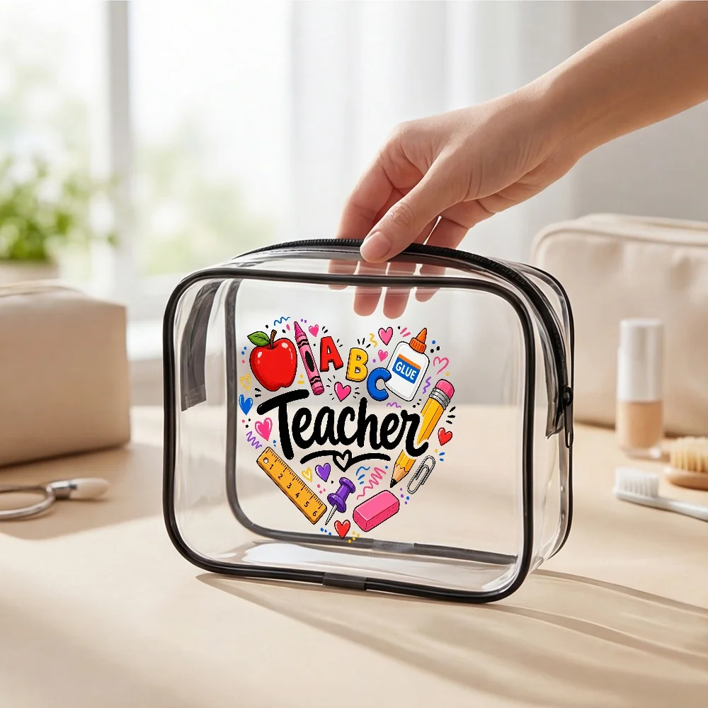 Makeup Bags Teacher Abc Apple Pencil Pvc Clear Zipper Pouch Cute Colorful School Supplies Doodle Back to School Gift for Teacher