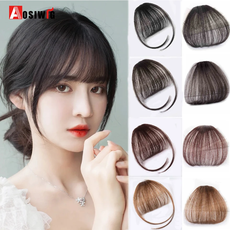 AOSIClip in Bangs 100% Human Hair Bangs Thick 3D Natural Black Brown Hair Bangs With Temples Clip on Fringe Hairpieces For Women