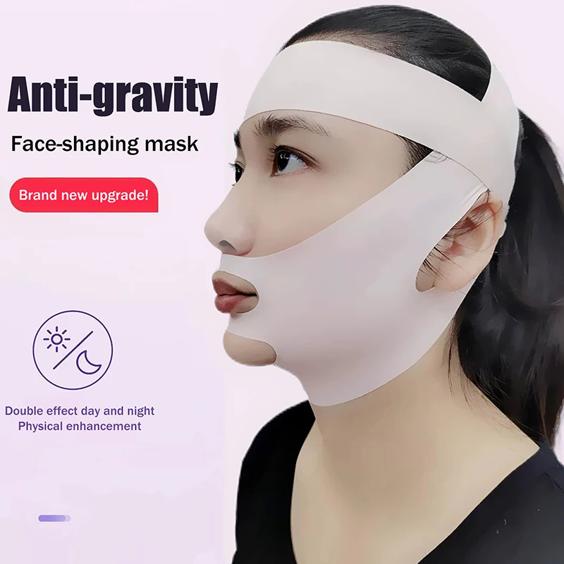 ソフトピンクのフルフェイス圧迫包帯ヘッドバンド、調節可能なストラップ付き、通気性があり、顔のリフトアップとサポートに最適、日常使いや睡眠に。