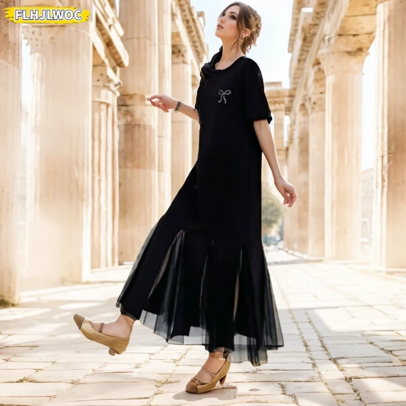 Vestidos de sirena Vestidos femeninos Estilo europeo Mujeres 2025 Verano Patchwork Encaje Malla Volantes Mezcla de algodón negro Vestido de camiseta