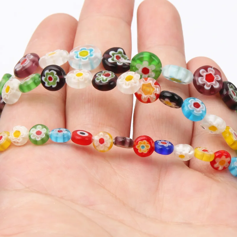 Millefiori Lampwork kwiaty koraliki przeszklone koraliki szklane płaskie okrągłe luźne koraliki dystansowe do tworzenia biżuterii DIY akcesoria