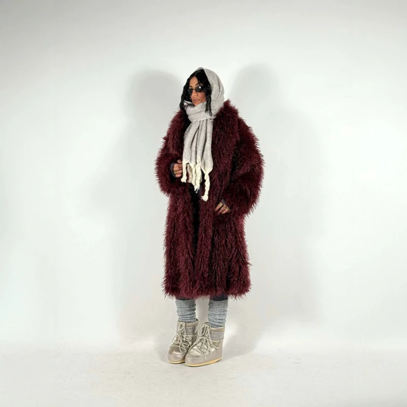 Collar Fur Long Coat for Women 2026 Autumn Winter New Fashionable French Style Elegant Imitation Lamb Wool Casual Warm Outerwear