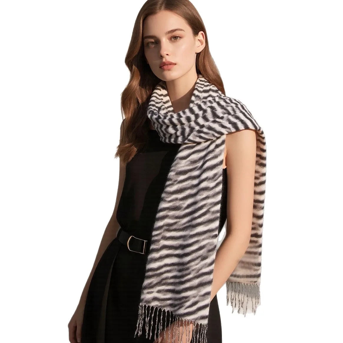 

Осенне-зимний шарф из искусственного кашемира с принтом зебры, шаль двойного назначения, элегантный холодный шарф