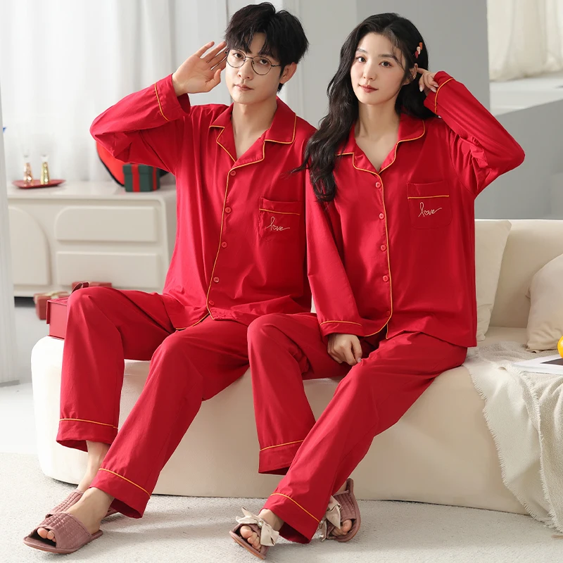 

Newest Spring and Autumn Couple Pajama Set 100% Cotton Long Sleeve Pyjamas Men and Women Turn-down Collar Sleepwear