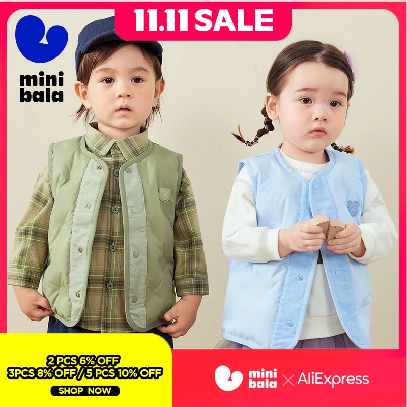 

Симпатичный пуховой жилет Mini Bala без воротника для мальчиков и девочек, Зимний новый продукт, детский теплый модный пуховой жилет