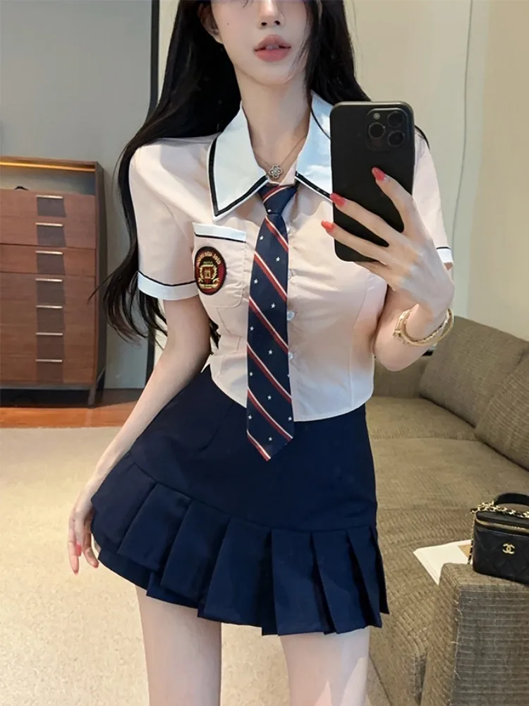 

Pure Desire Sexy Girl JK Uniform Short Sleeve Slim Fit Shirt Top Women Summer School Style Pleated Skirt Set Waist Cinched
