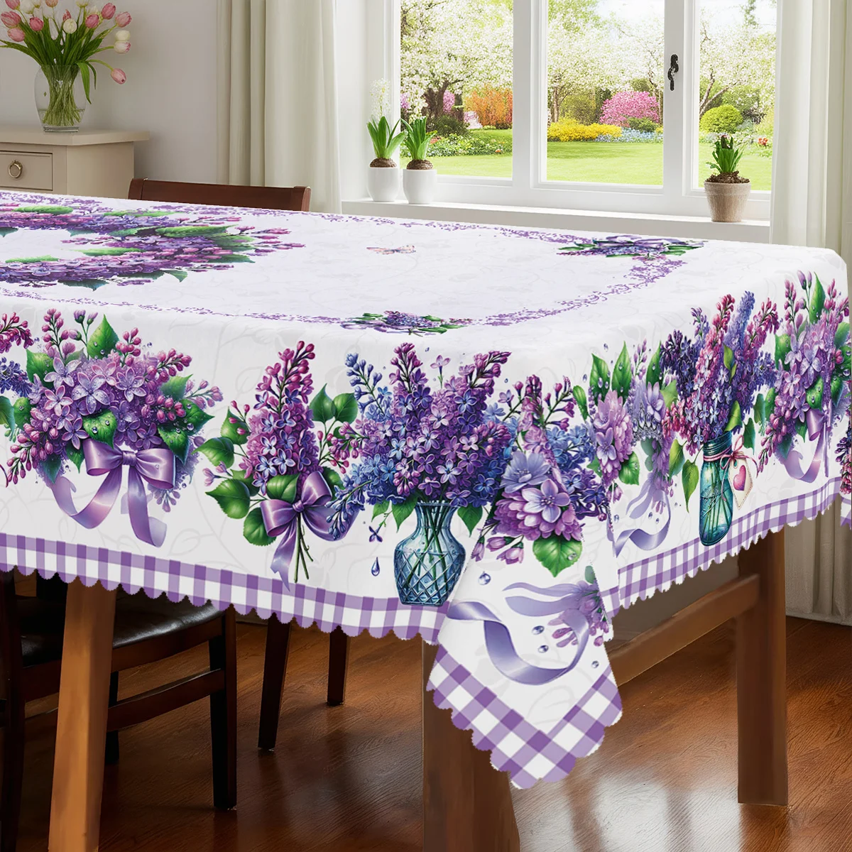 1pc Spring Summer Theme Party Tablecloth, Buffalo Check Butterfly Lavender Hydrangea Floral Print Design, Rectangular And Square Tablecloths, Embossed Edges, Suitable for Indoor Outdoor Dining Picnic Dinner Restaurant Decor, Multiple Sizes Available