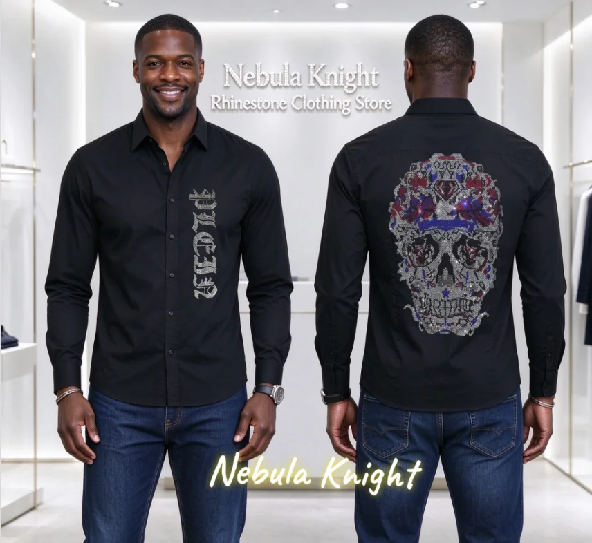 Men Daily Casual Long Sleeve Shirt Luxury Rhinestone Skull Pattern Slim Fit Black High Street Button Down Dress Top