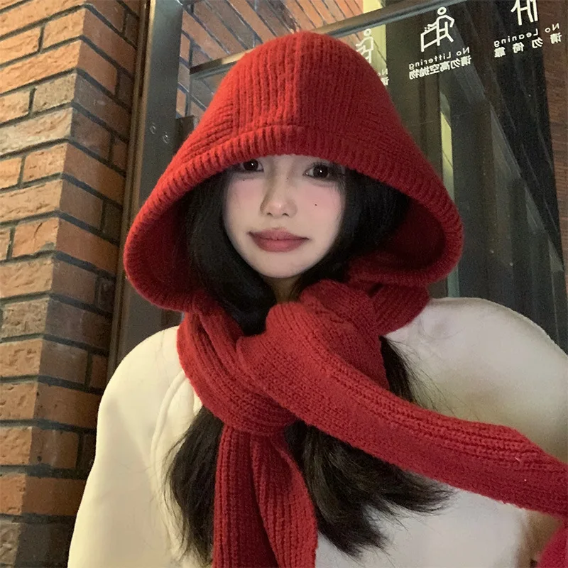 Women's Red Balaclava Knitted Hat Scarf, Winter Warm Crochet Hood Neck Warmer