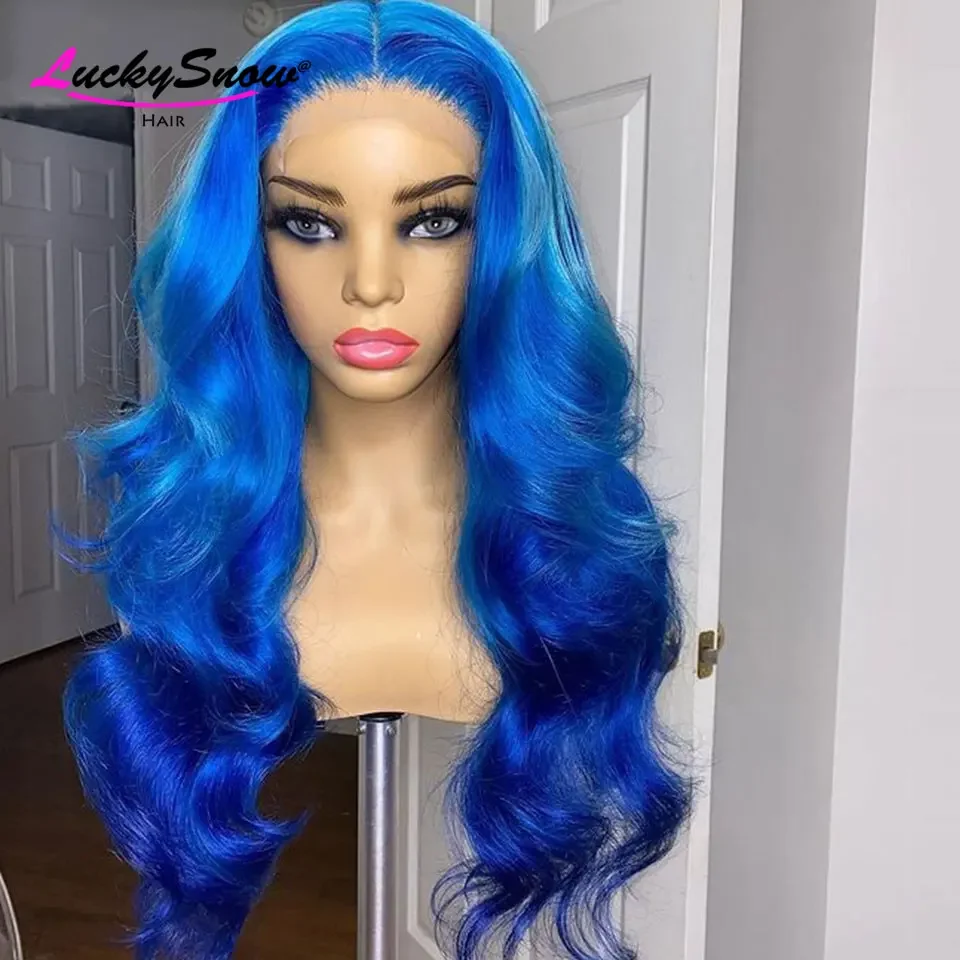 

Cosplay High Quality Brazilian Colored Human Hair Wig 180 Density Transparent 13x4 HD Lace Frontal Wigs Ombre Blue Body Wave