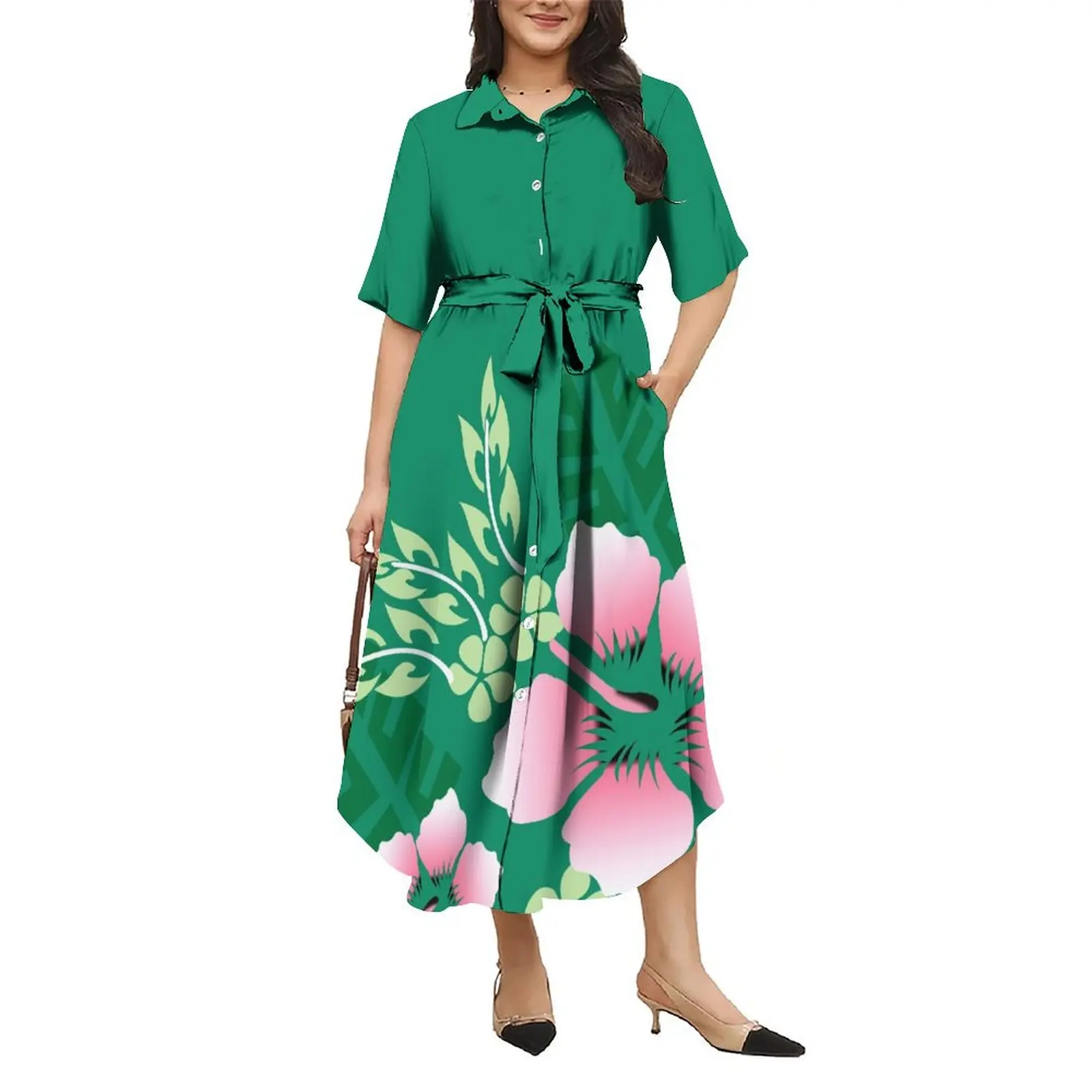 Hot Sale Custom Polynesian Tribal Print Women Plus Size Dress Ladies Maxi Long Sashes Samoan Island Button Shirts Dress