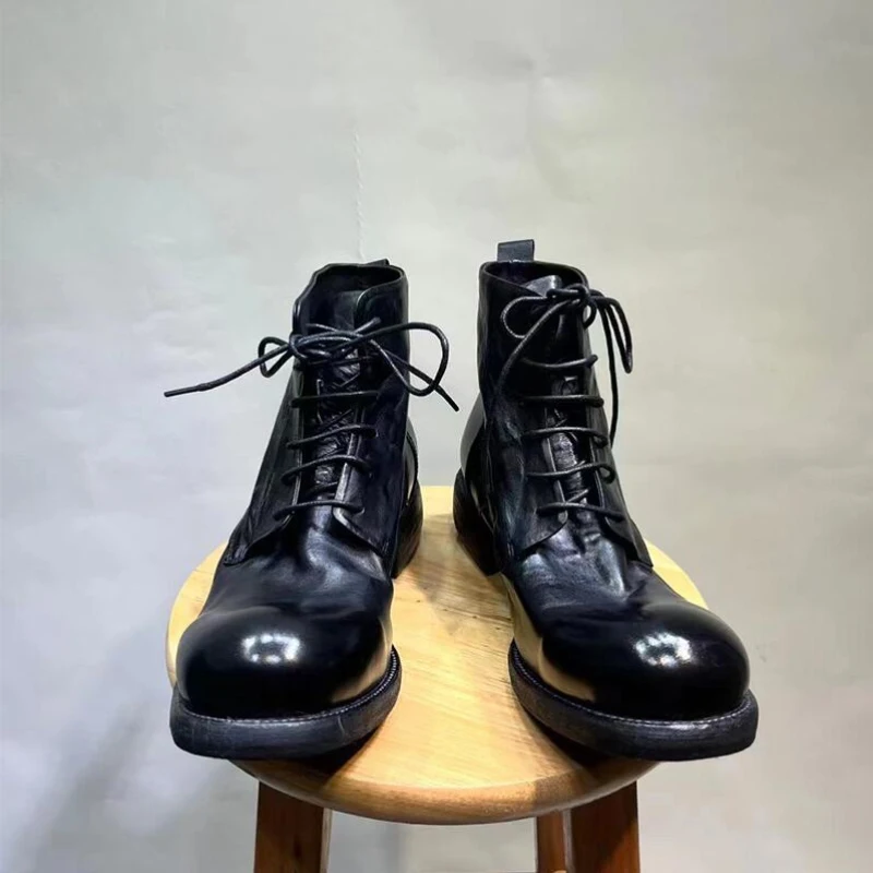 Vintage Man Leather Boot Desinger Men Ankle Boots Handmade Male Chunky Shoes