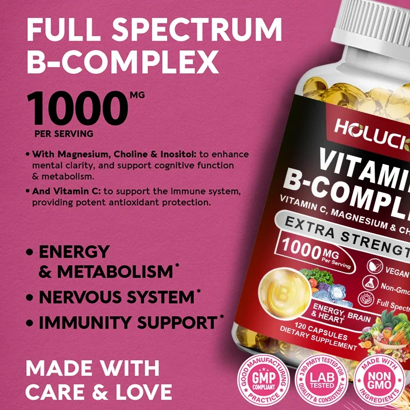 كبسولات فيتامين ب المركبة (B12، B1، B2، B3، B5، B6، B7، B9، حمض الفوليك والبيوتين) تقلل من التوتر ويعمد مزاجًا أفضلًا