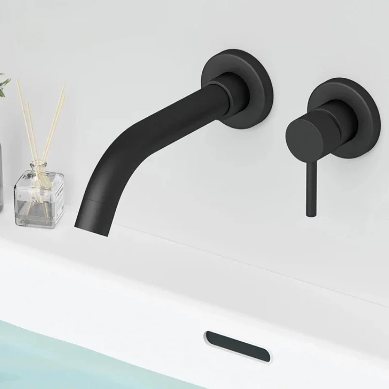 Matte Black Wall-Mounted Basin Faucet Brushed Gold Concealed Install Mixer Tap Single Handle Hot and Cold Wash Basin Tap