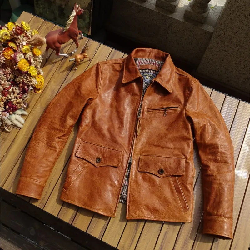 

Elegant and casual uncoated leather double-opening copper zipper coat