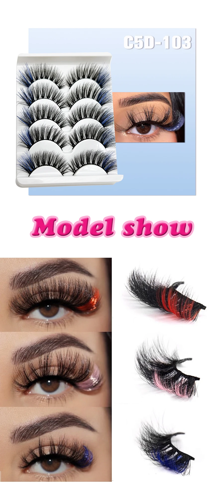 DINGSEN 5 Paar bunte 3D-Kunstwimpern, natürliche lange bunte Wimpern, dramatisches Make-up, künstliche Wimpern, Party, Cosplay, farbige Wimpern – Detail 2