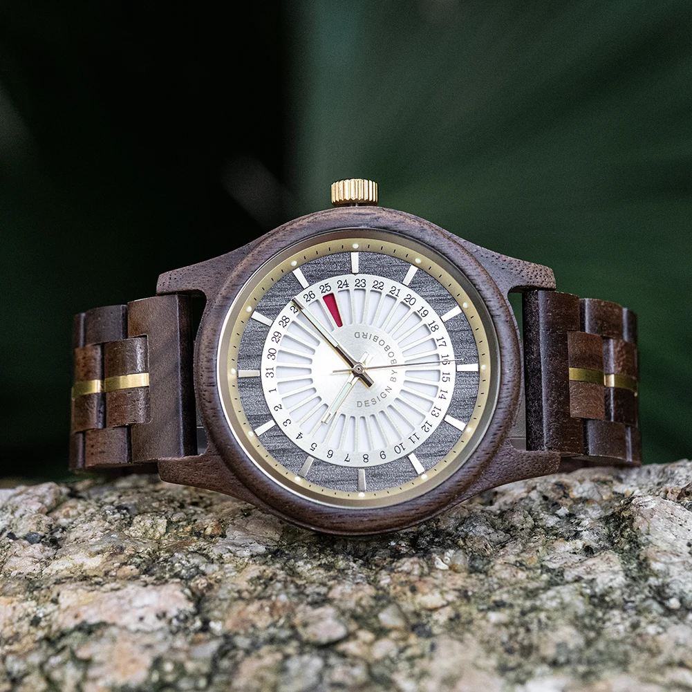 BOBO BIRD Men\'s Watches Unique Design Date Display Real Wood Made Wristwatch for Men, Support Dropshipping Custom Logo